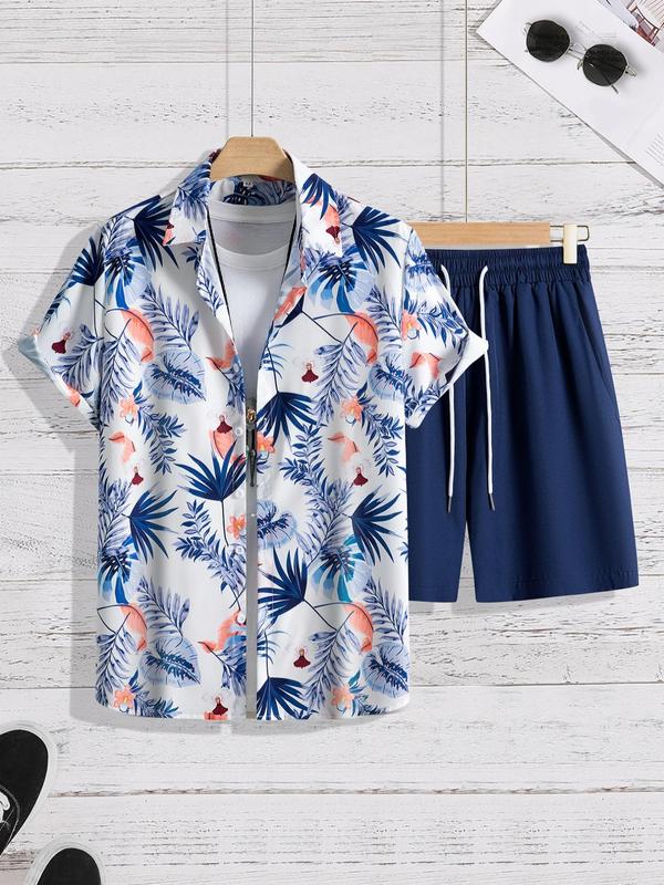 Two Counts Men's Coconut Tree Print Co-ord Two Piece Set, Regular Fit Short Sleeve Button Front Shirt & Drawstring Pocket Shorts Two-piece Set, Back to School Outfits, Hawaiian Summer Clothes Set for Beach Vacation