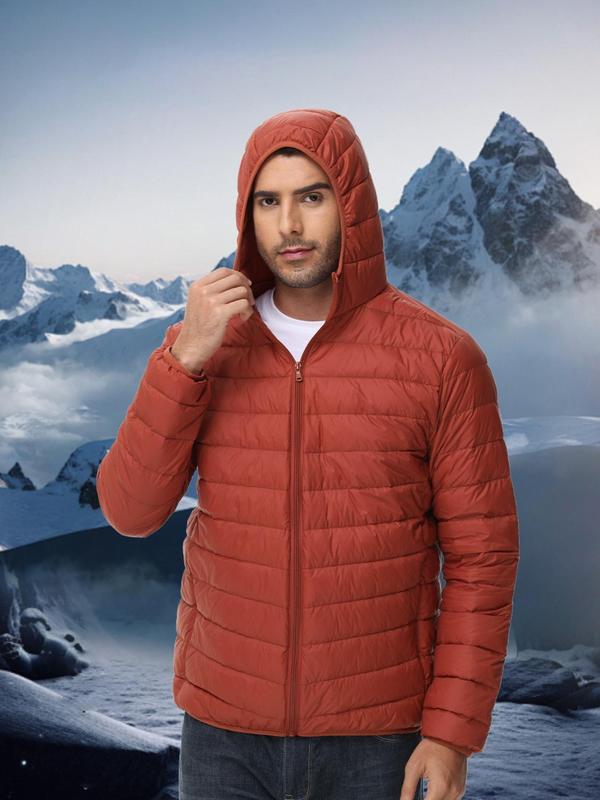 Sporty Men's Solid Color Zip Up Hooded Sports Down Jacket, Regular Fit Sports Long Sleeve Pocket Design Down Coat for Fall & Winter, Men's Sports Outerwear for Outdoor Activities Winter Jacket