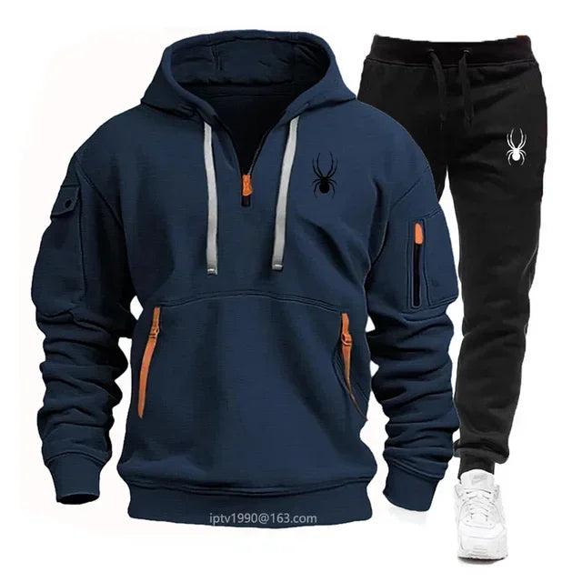 New autumn and winter men's hoodie set, fashionable and casual men's multi pocket zipper hoodie+sweatpants 2-piece jacket