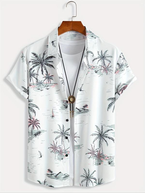 Men's Loose Coconut Tree Print Button Front Shirt, Short Sleeve Hawaiian Shirt, Casual Summer Top for Beach Vacation Tropical