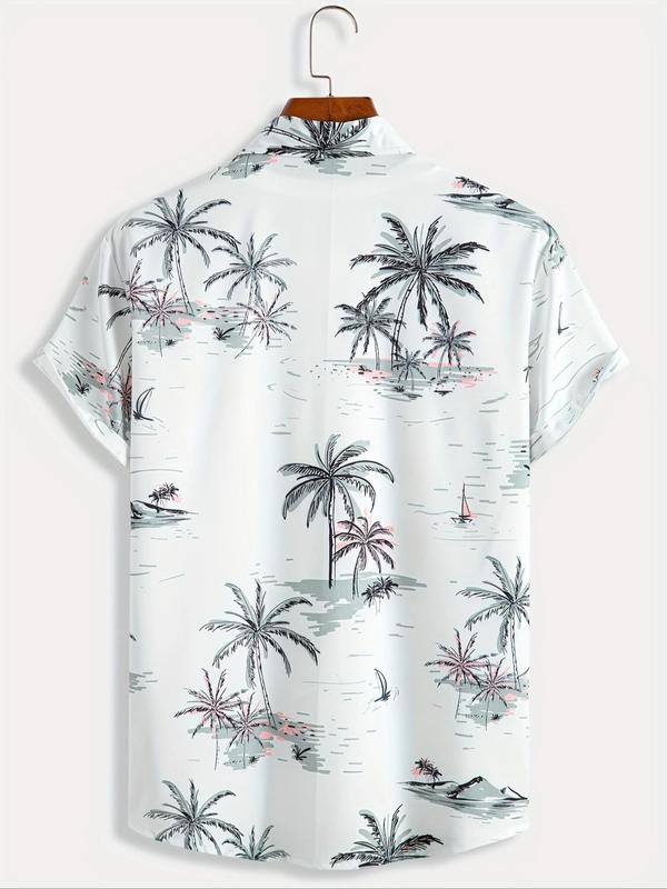 Men's Loose Coconut Tree Print Button Front Shirt, Short Sleeve Hawaiian Shirt, Casual Summer Top for Beach Vacation Tropical