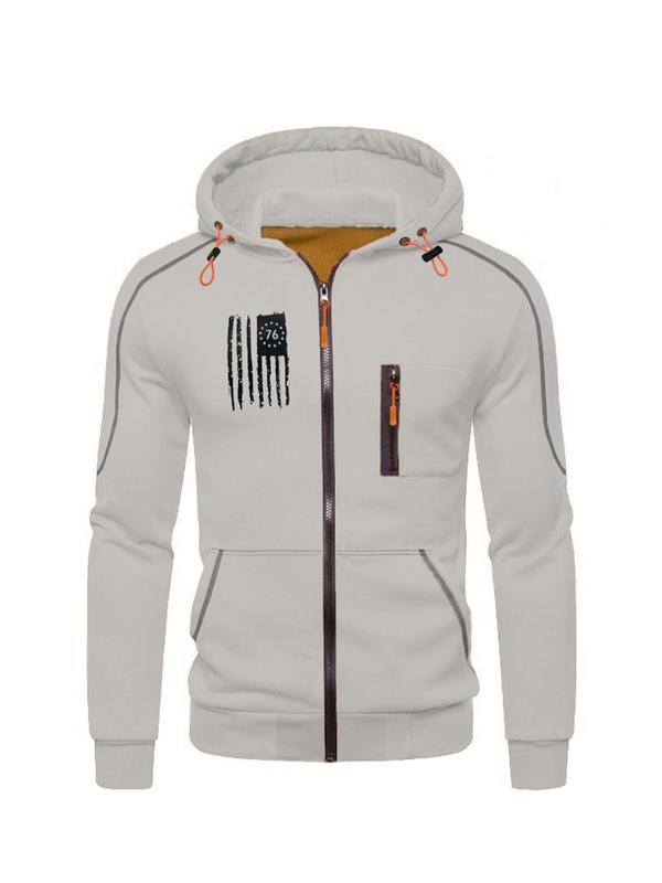 Men's Solid American Flag Print Solid Zip Up Drawstring Hoodie Sport Jacket, Casual Long Sleeve Zipper Pocket Hooded Outerwear for Fall & Winter, Jackets for Men 2024, Men's Clothes for Daily Wear