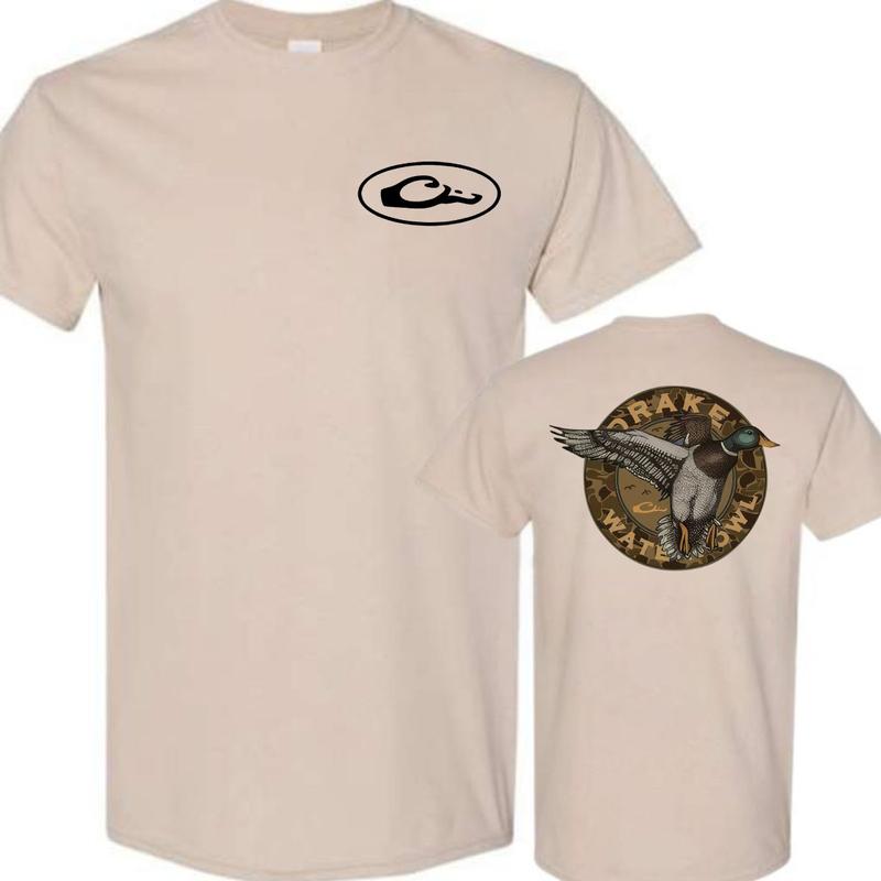 Drake Waterfowl T-Shirt , Featuring Mallard Duck Graphic On Back , Classic Hunting Apparel With Logo On Front , Comfortable And Stylish Unisex Tee , Perfect For Outdoor Enthusiasts And Waterfowl Hunters