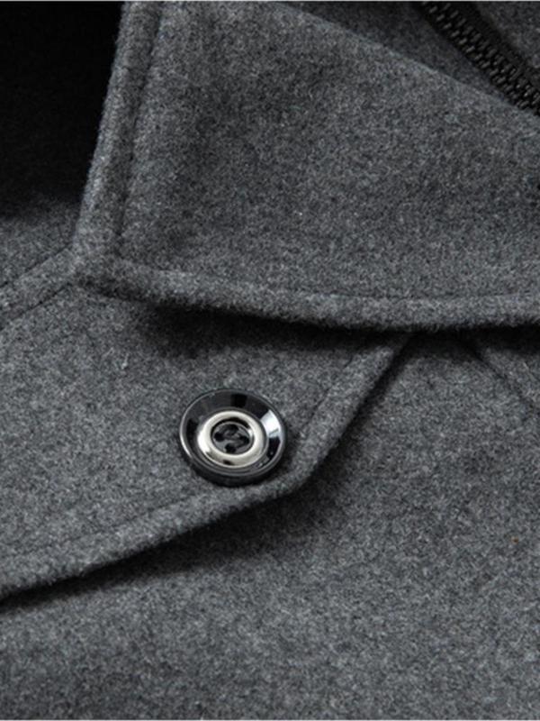 Men's Solid Button Front Pocket Zipper Wool Coat, Regular Fit Long Sleeve Lapel Neckline Outerwear for Fall & Winter, Men's Clothes for Business Work Daily Wear