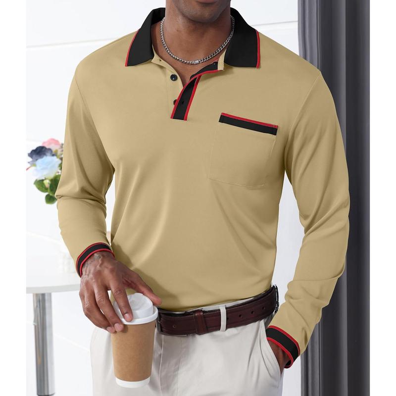 Polo Shirts Contrast Color Patchwork Golf Shirts for Long Sleeve T-Shirt Tops with Pocket Menswear Man Casual Beige Biker Plain Wetsuit Longsleeves Motocross