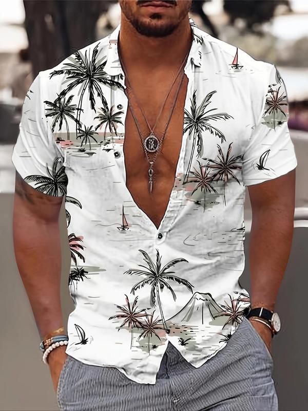 Men's Loose Coconut Tree Print Button Front Shirt, Short Sleeve Hawaiian Shirt, Casual Summer Top for Beach Vacation Tropical