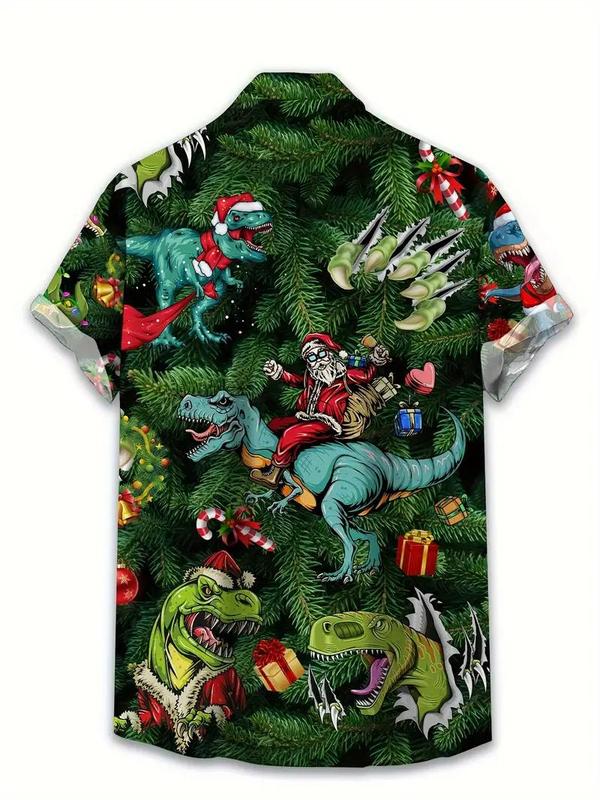 Plus Size Men's Polyester Hawaiian Shirt - Casual Fashion Lapel Button-Down with Unique Santa & Dinosaur Christmas Print  Non-Stretch Woven Fabric for SpringSummerFall