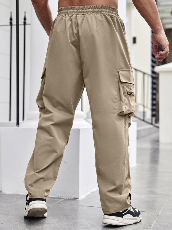 Men's Plus Size Regular Fit Solid Flap Zipper Pocket Cargo Pants, Casual Drawstring Pants for Daily Wear, Pants for Men, Fashion Plus Size Trousers, Summer Outfits 2024, Pants for Men