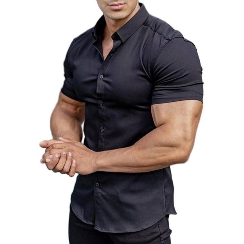 Men’s Muscle Fit Dress Shirts Athletic Slim Fit Short Sleeve Stretch Casual Button Down Shirt