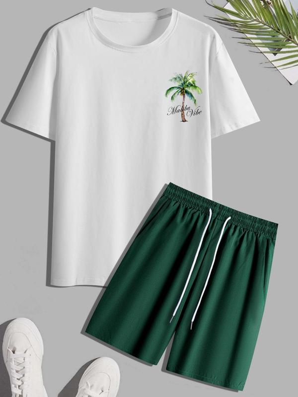 Two-Piece Set Men's Palm Tree Print Pocket Shorts Set, Casual Short Sleeve Tee & Drawstring Waist Shorts, Streetwear, Men's Summer Clothes Set for Outdoor Beach Vacation, Summer Outfits 2024, Going Out Outfits, Co-ord Set for Men