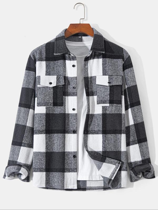 Men's Random Plaid Print Button Front Flap Pocket Shirt Jacket, Loose Casual Long Sleeve Collared Outerwear for Fall & Winter, Men's Clothes for Daily Wear