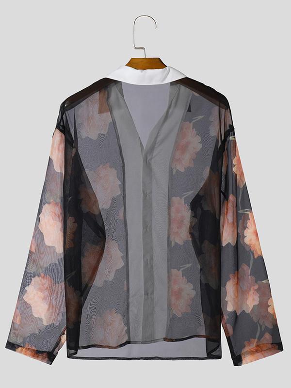 LGBTQ+ Men's Floral Print Sheer Button Front Shirt, Casual Long Sleeve Collared Top for All Seasons, Fashion Men's Clothes for Daily Wear