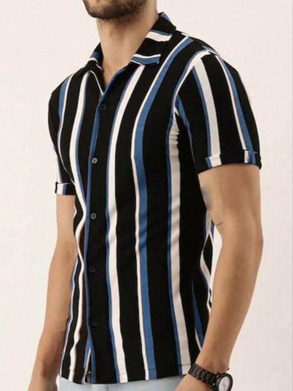 Men's Summer Clothes, Striped Print Button Front Short Sleeve Shirt, Regular Fit Collared Shirts,  Shirts for Men,  Summer Casual Woven Streetwear for Men