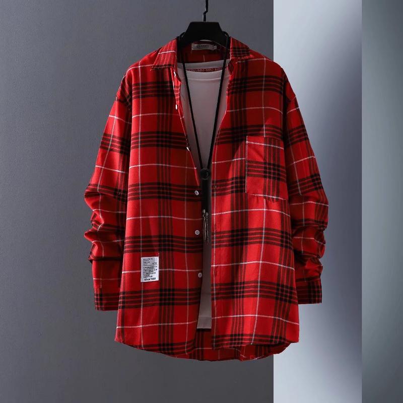 Plaid Shirt Men's Long Sleeve Korean Style Fashionable Summer Clothing Jacket Handsome Plaid Shirt Ins Hong Kong Style Japanese Style Shirt Halloween