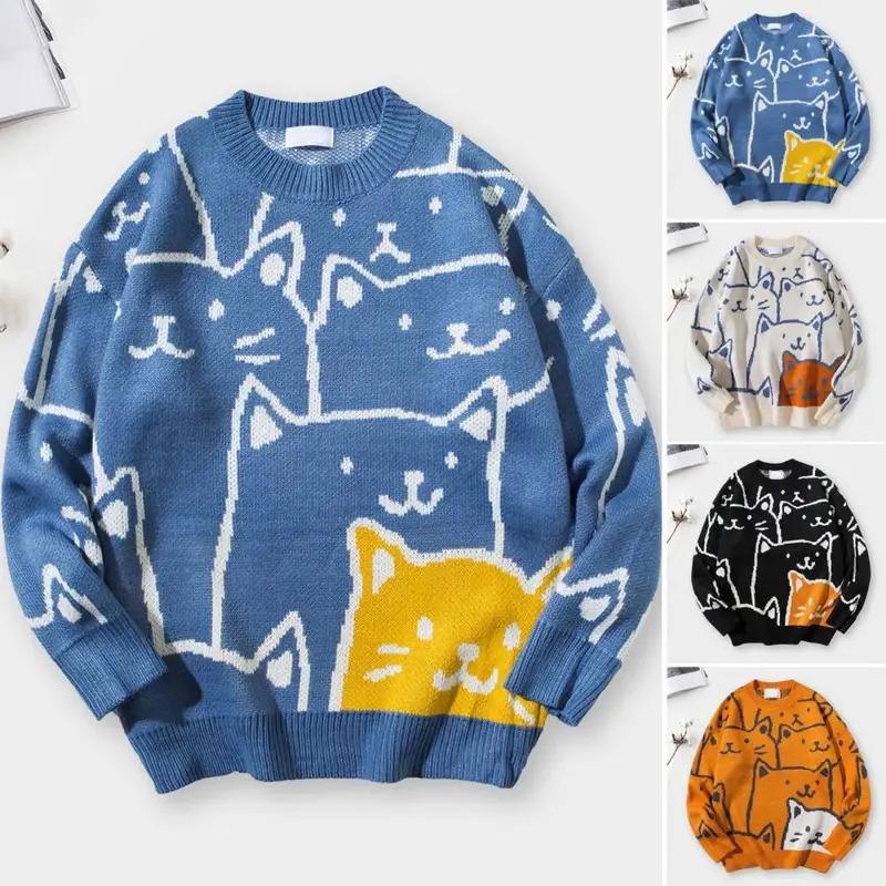 Cartoon Cat Knitted Sweater Japanese Retro Harajuku Pullover Men Tops Knitwear For Winter Autumn