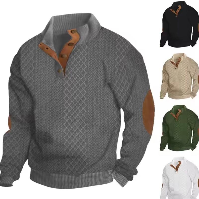 Men's Colorblock Patchwork Jacquard Button Front Sweatshirt, Regular Fit Casual Long Sleeve Stand Collar Sweatshirt for Fall & Winter, Fashion Knit Sweater Men's Knitwear for Daily Wear Tops Menswear Hoodie Longsleeves Knife Stylish Set Outdoor Love Beige