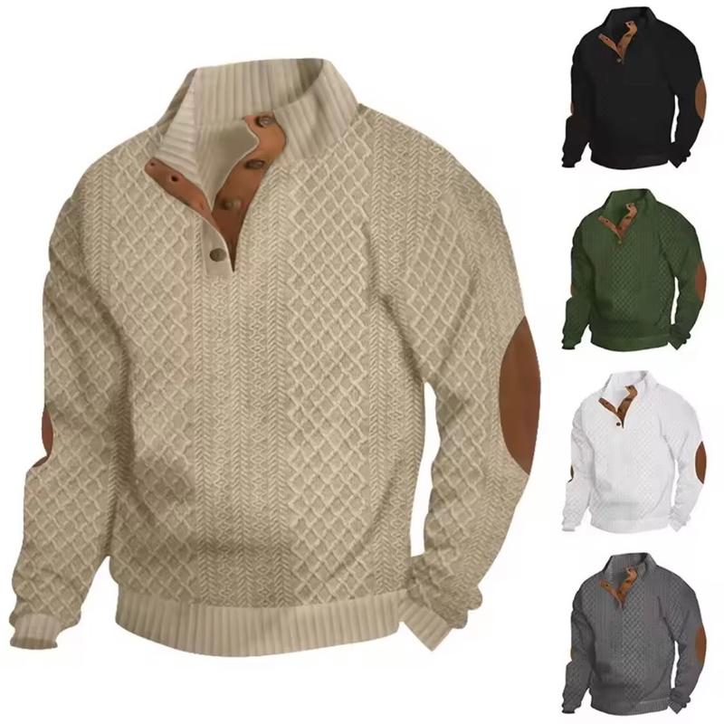 Men's Colorblock Patchwork Jacquard Button Front Sweatshirt, Regular Fit Casual Long Sleeve Stand Collar Sweatshirt for Fall & Winter, Fashion Knit Sweater Men's Knitwear for Daily Wear Tops Menswear Hoodie Longsleeves Knife Stylish Set Outdoor Love Beige