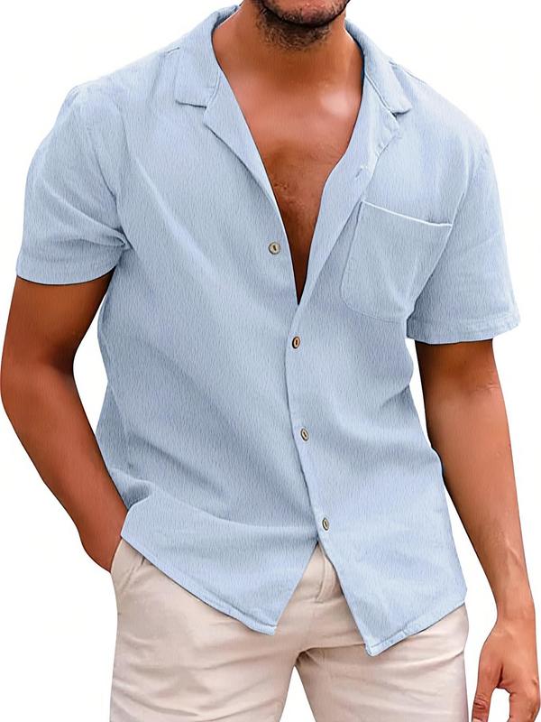 Men's Plain Textured Button Front Pocket Shirt, Regular Fit Casual Fashion Short Sleeve Collared Top for Summer,  Shirts for Men, Men's Streetwear for Daily Wear