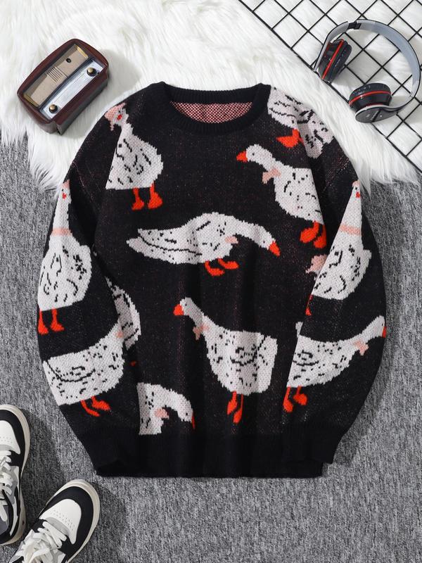 Unisex Men's Cartoon Duck Print Drop Shoulder Sweater, Fashion Round Neck Long Sleeve Jumper, Men Clothing for Daily Wear Fall Sweaters Tops