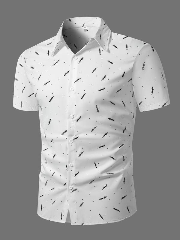 Men's Casual Polka Dot Feather Print Button Front Shirt, Regular Fit Short Sleeve Collar Top for Summer, Fashion Men's Clothes for Daily Wear