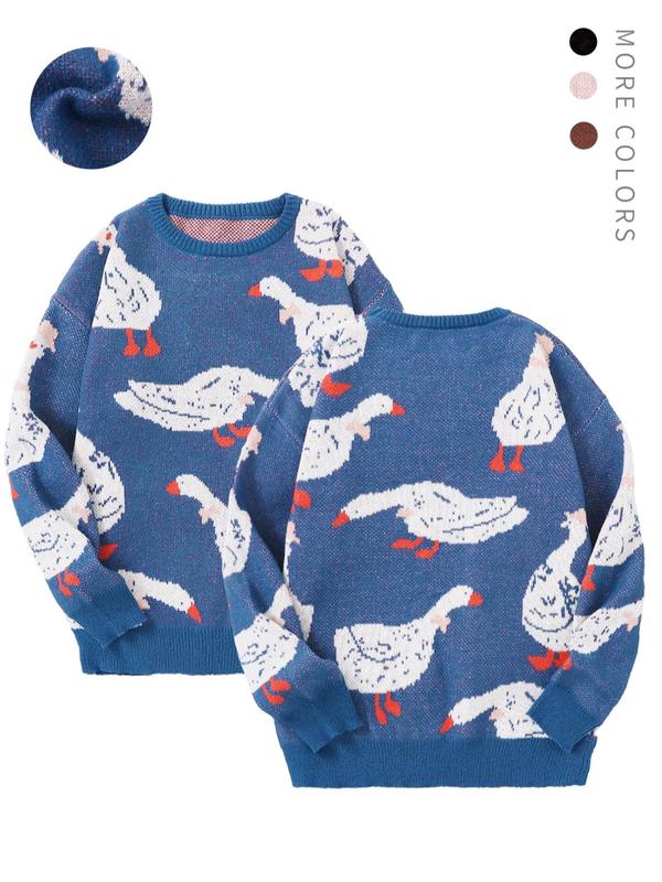 Unisex Men's Cartoon Duck Print Drop Shoulder Sweater, Fashion Round Neck Long Sleeve Jumper, Men Clothing for Daily Wear Fall Sweaters Tops