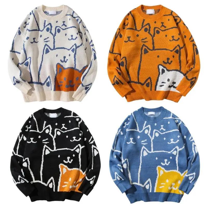 Cartoon Cat Knitted Sweater Japanese Retro Harajuku Pullover Men Tops Knitwear For Winter Autumn