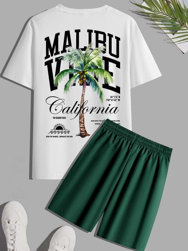 Two-Piece Set Men's Palm Tree Print Pocket Shorts Set, Casual Short Sleeve Tee & Drawstring Waist Shorts, Streetwear, Men's Summer Clothes Set for Outdoor Beach Vacation, Summer Outfits 2024, Going Out Outfits, Co-ord Set for Men