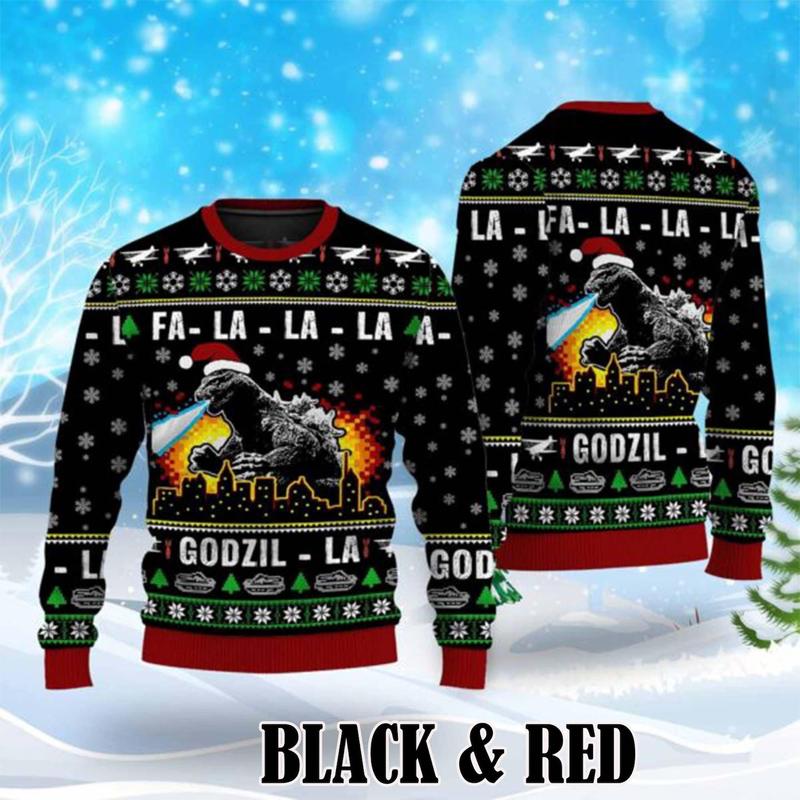 Godzilla Christmas Ugly Sweater, Christmas Tree From All Godzillas Sweater, Christmas Ugly Sweater Fabric Knitwear