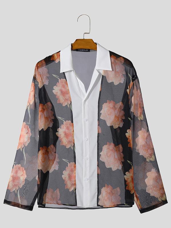 LGBTQ+ Men's Floral Print Sheer Button Front Shirt, Casual Long Sleeve Collared Top for All Seasons, Fashion Men's Clothes for Daily Wear