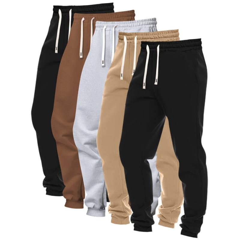 5pcs Set Of Men's Solid Color Regular Fit And Cuffed Sweatpants With Drawstring And Pockets, Casual Trousers Suitable For Jogging And Outdoors Sports Wear