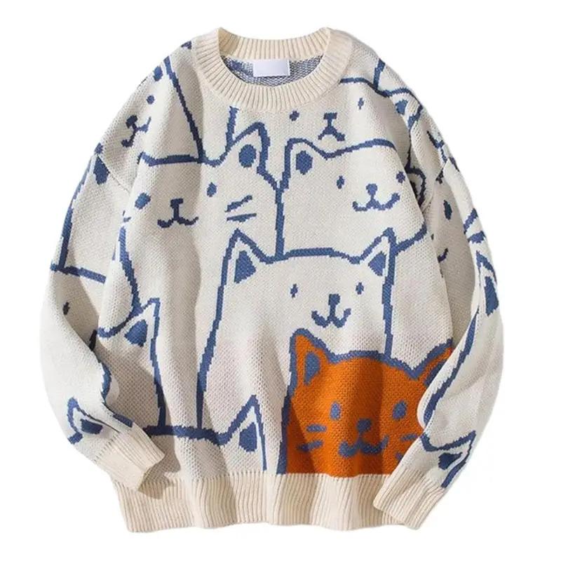 Cartoon Cat Knitted Sweater Japanese Retro Harajuku Pullover Men Tops Knitwear For Winter Autumn