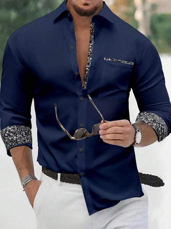 Men's Patchwork Floral Print Button Front Shirt, Regular Fit Long Sleeve Collared Top for Business Formal Occasions, Fashion Men's Clothes for All Seasons