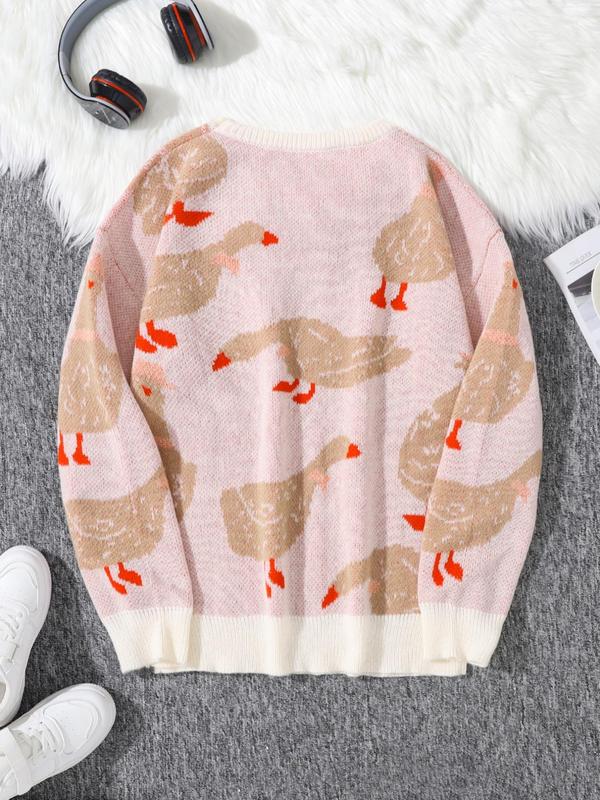 Unisex Men's Cartoon Duck Print Drop Shoulder Sweater, Fashion Round Neck Long Sleeve Jumper, Men Clothing for Daily Wear Fall Sweaters Tops