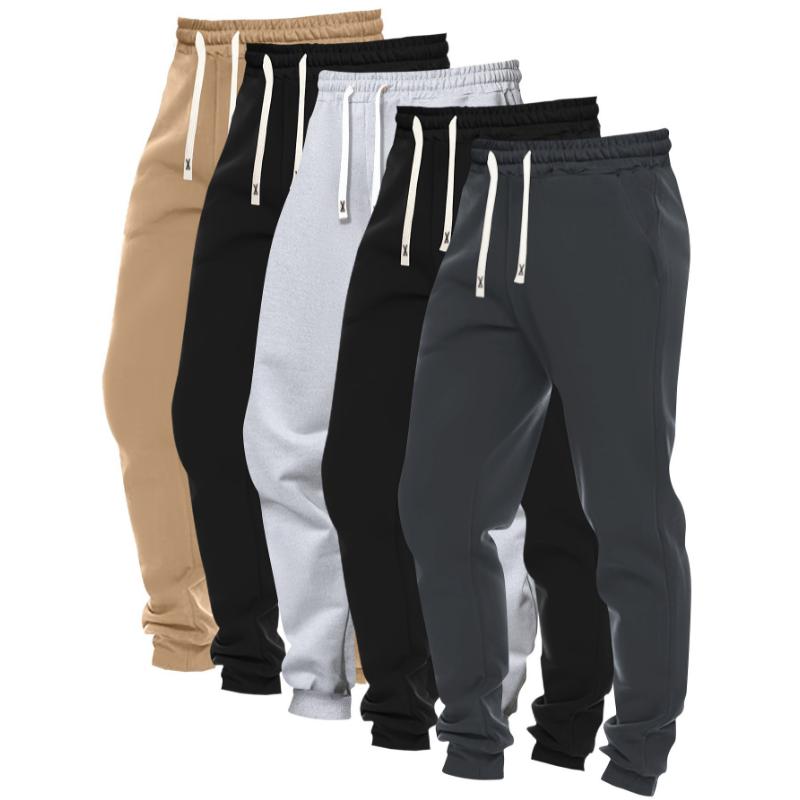 5pcs Set Of Men's Solid Color Regular Fit And Cuffed Sweatpants With Drawstring And Pockets, Casual Trousers Suitable For Jogging And Outdoors Sports Wear