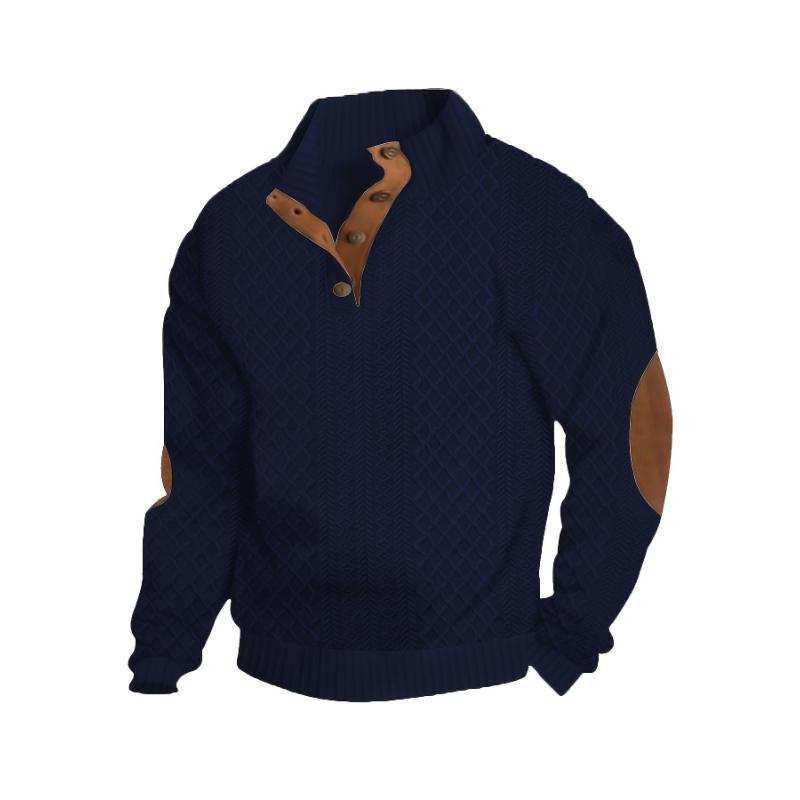 Men's Classic Jacquard Stand Collar Pullover Long Sleeve Sweater for Fall Winter - Casual, Knit, Button Detail, Regular Fit, Polyester, Non-Transparent, Straight Sleeve, Hand Wash or Dry Clean, Available in Navy, Dark Gray, Black, Khaki, Si