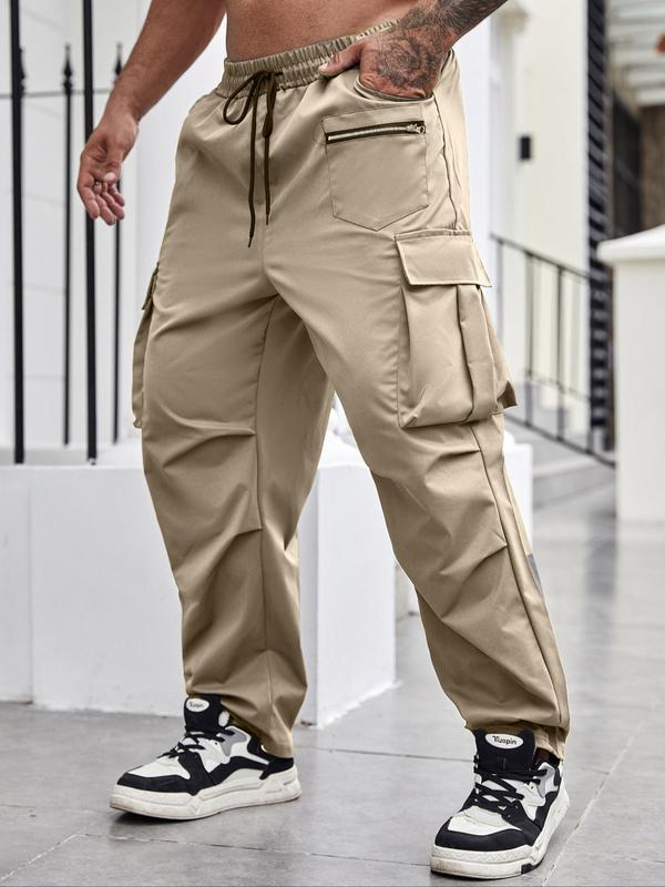 Men's Plus Size Regular Fit Solid Flap Zipper Pocket Cargo Pants, Casual Drawstring Pants for Daily Wear, Pants for Men, Fashion Plus Size Trousers, Summer Outfits 2024, Pants for Men