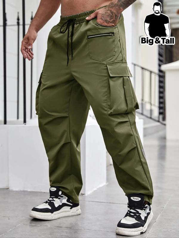 Men's Plus Size Regular Fit Solid Flap Zipper Pocket Cargo Pants, Casual Drawstring Pants for Daily Wear, Pants for Men, Fashion Plus Size Trousers, Summer Outfits 2024, Pants for Men